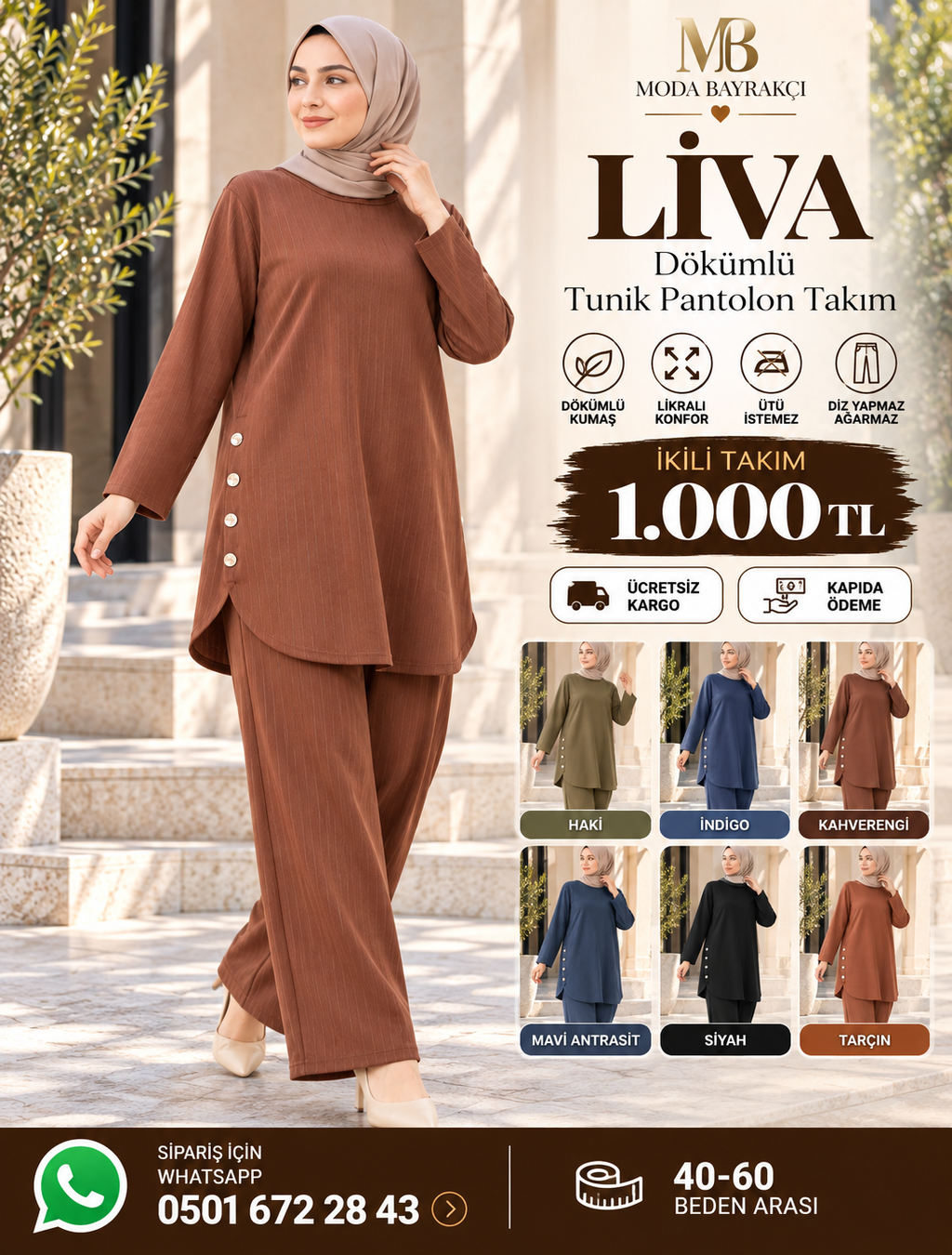 Liva Dökümlü Tunik Pantolon Kadın Takım