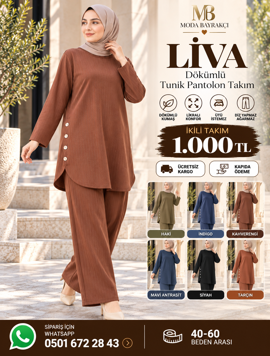 Liva Dökümlü Tunik Pantolon Kadın Takım