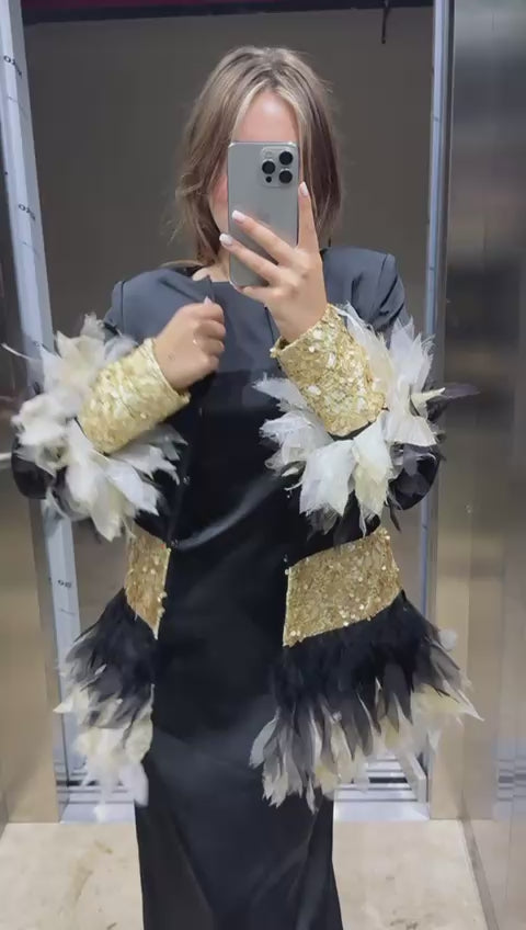 Özel Tasarım Tüylü Ceket ve İç Elbise Takım Abiye Düğün Nişan Kıyafeti