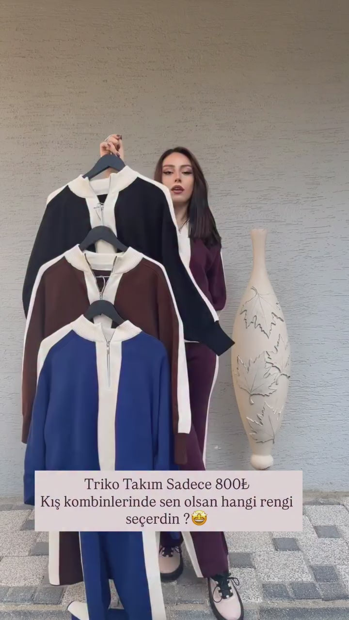 Triko Kumaş Yarıdan Fermuarlı İkili Takım